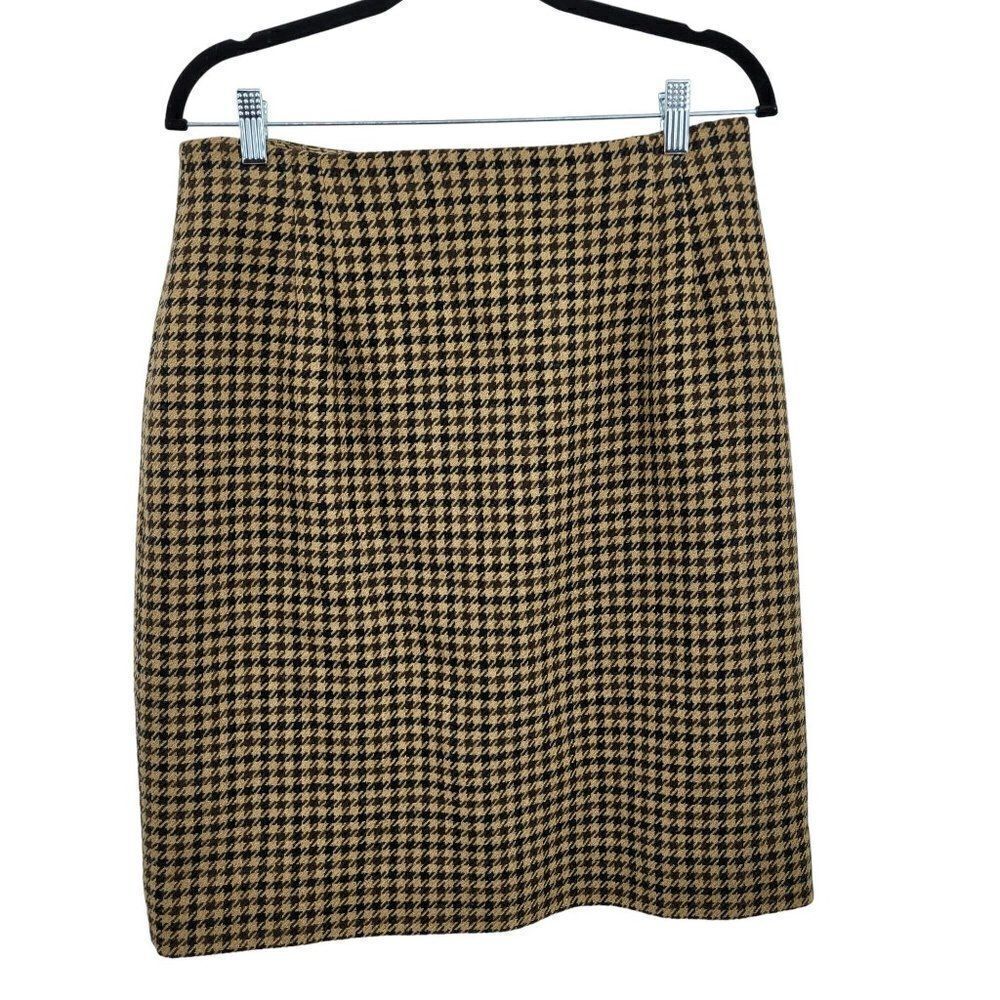 Vintage 80's Skirt‎ Wool Tea Length Straight Houndstooth Plaid Academia Tan M
